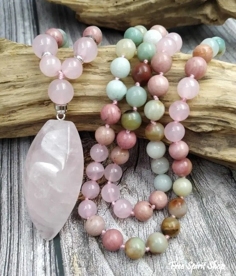 108 Natural Amazonite Rose Quartz & Rhodonite Mala Necklace