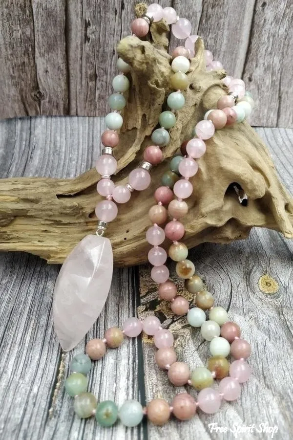 108 Natural Amazonite Rose Quartz & Rhodonite Mala Necklace