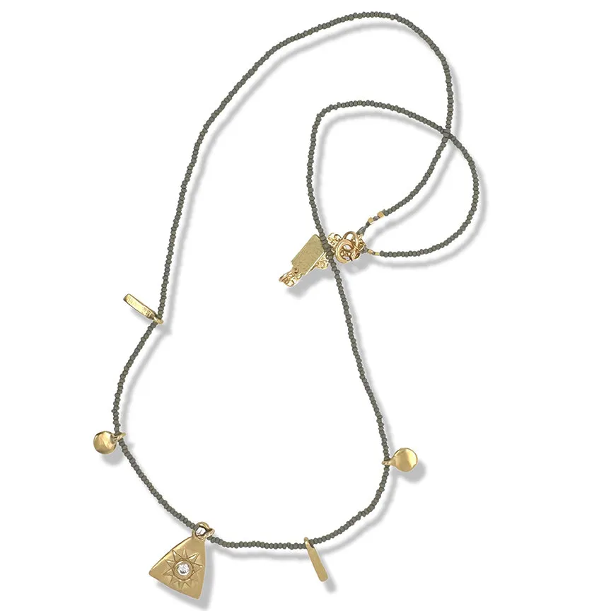 AILZ MULTI CHARM NECKLACE IN GOLD ON CHARCOAL BEADS