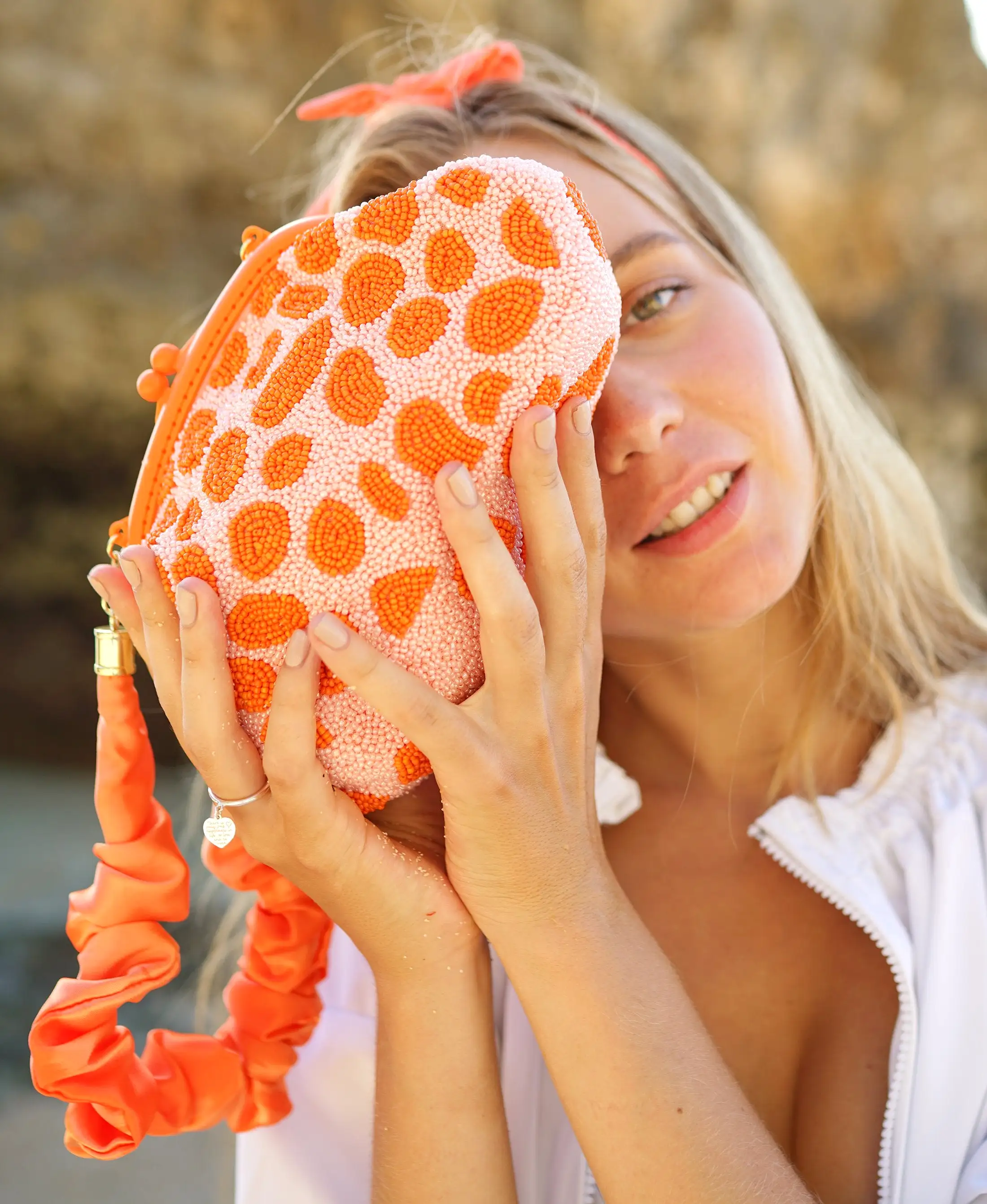 ARNOLDI PEACHPUFF Hand-Beaded Clutch, in Orange & Peach