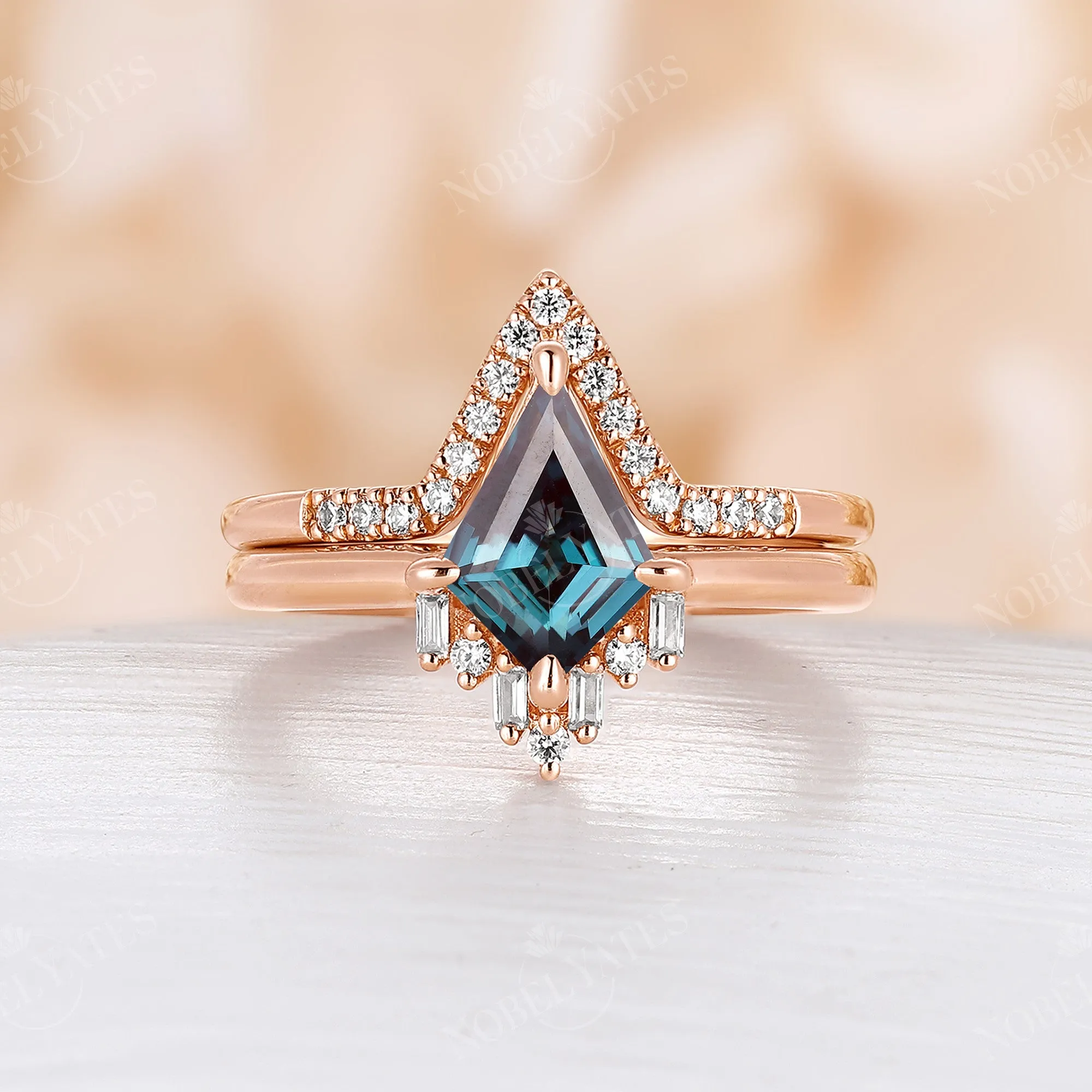 Art Deco Lab Alexandrite Kite Bridal Sets Rose Gold