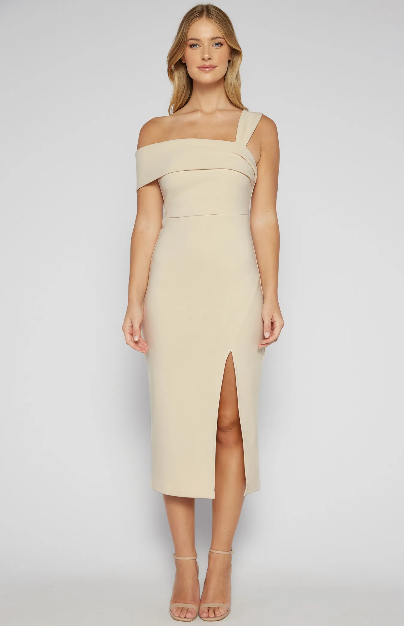 Asymmetric Neckline Stretch Midi Dress (SDR1555B)