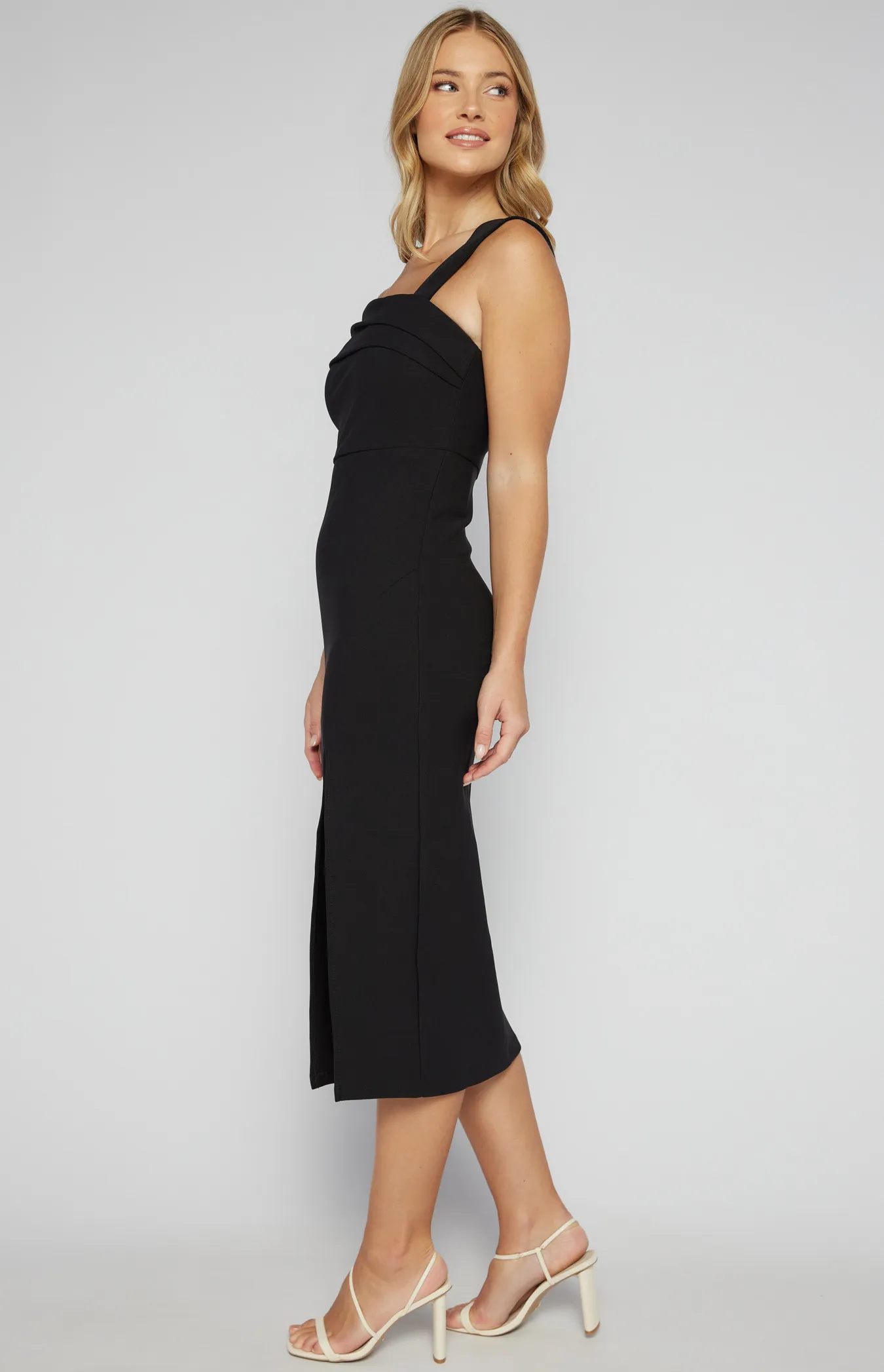 Asymmetric Neckline Stretch Midi Dress (SDR1555B)