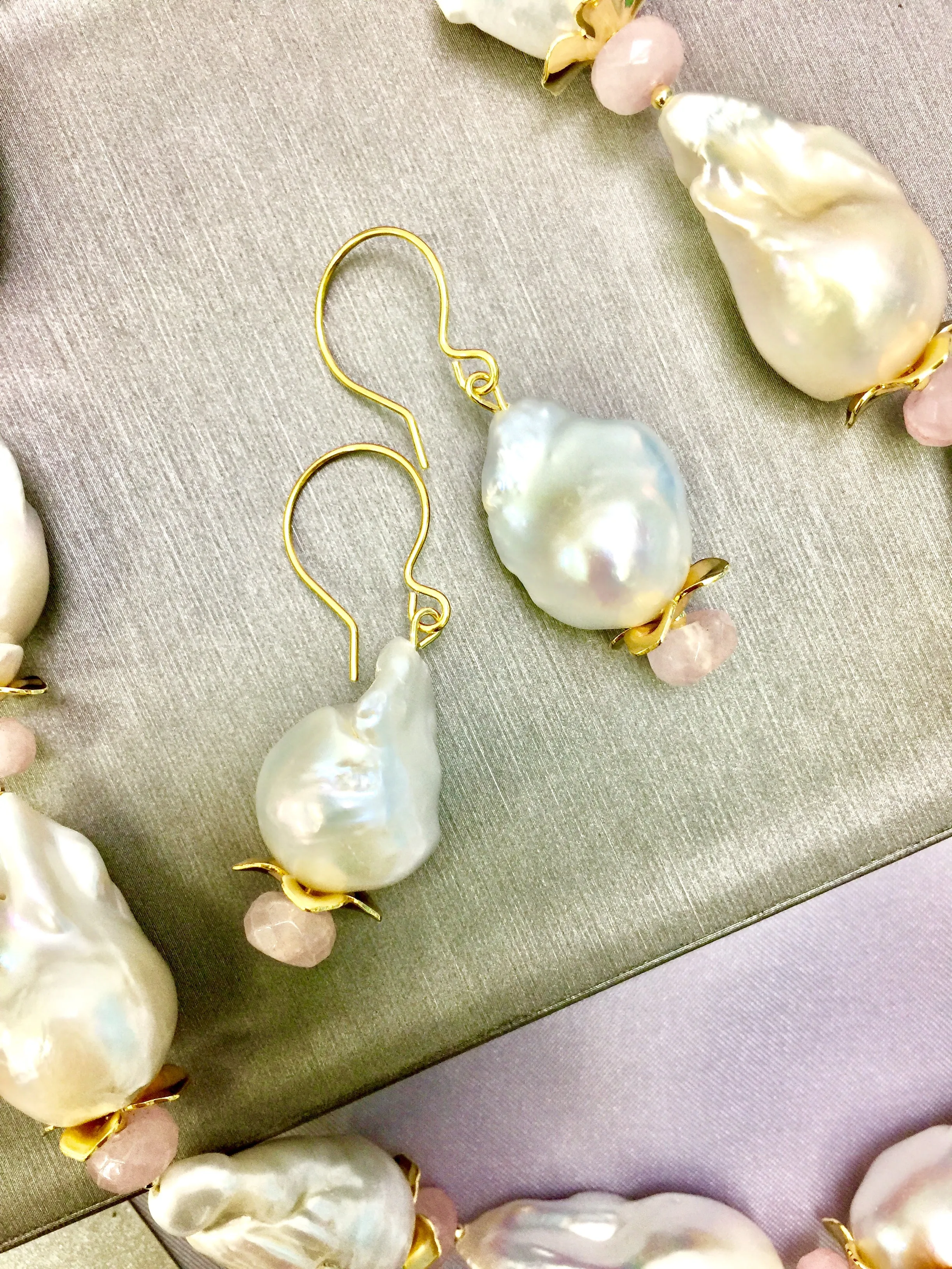 Baroque Pearls & Rose Quartz Dangle Earrings DE215