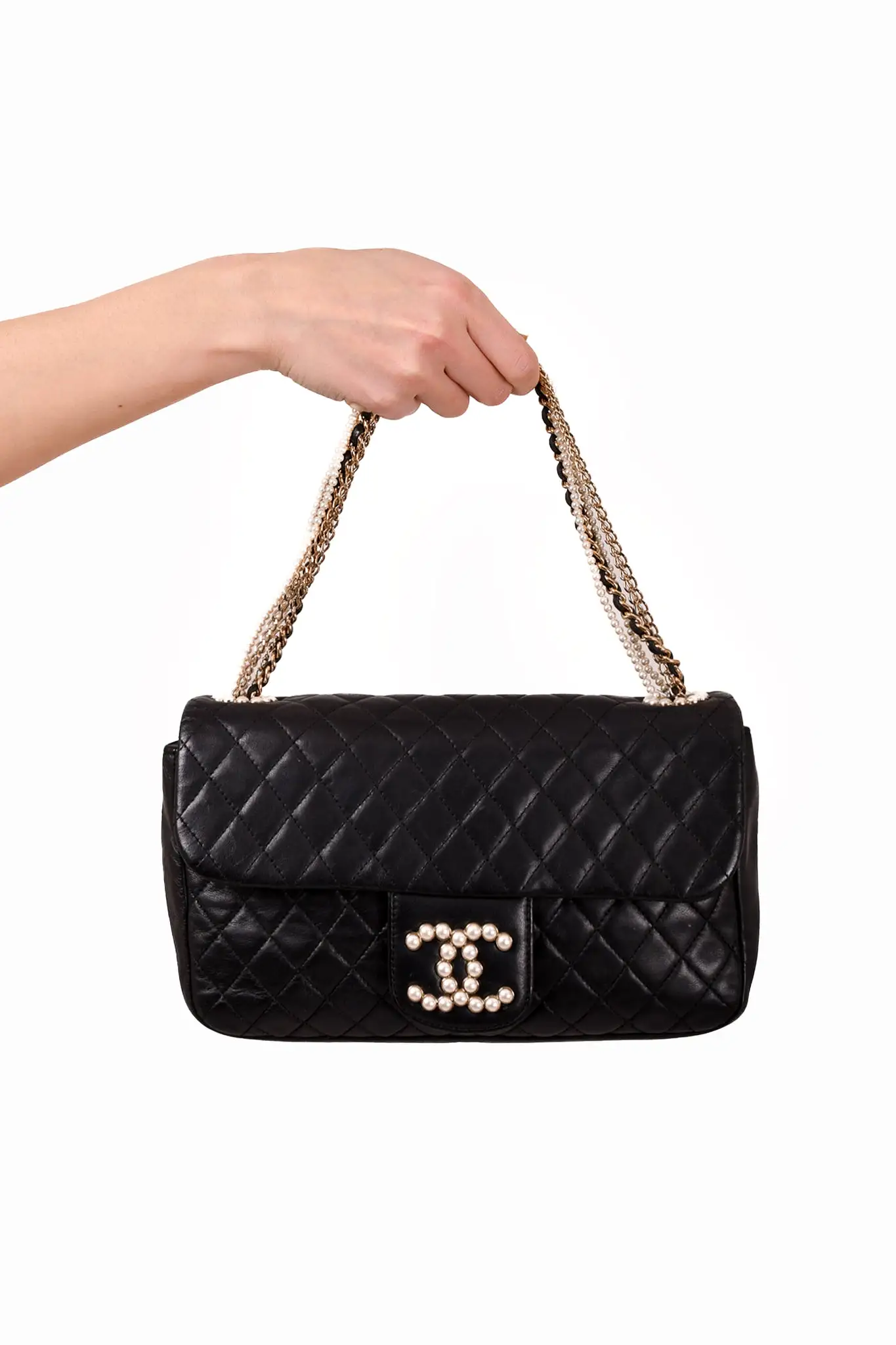 Chanel 2008-09 Black Quilted Lambskin Westminster Pearl Strap CC Flap Bag