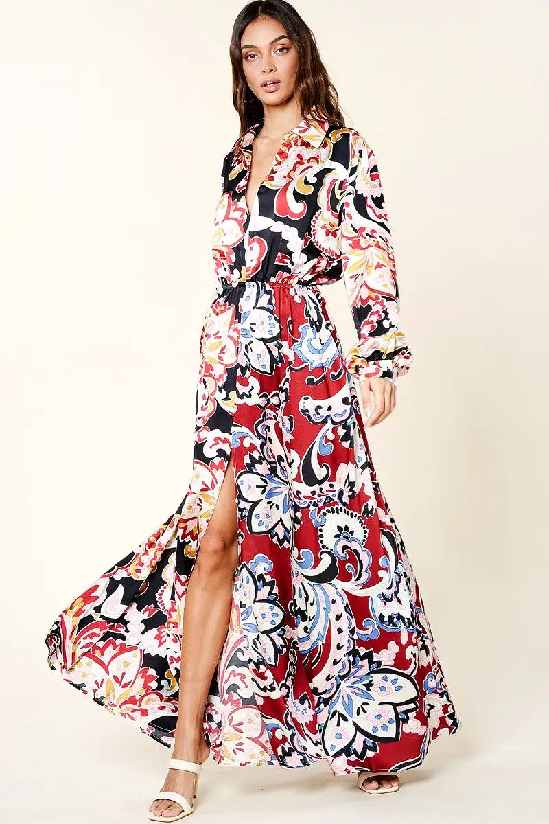 Color Block Printed V Neck Dress