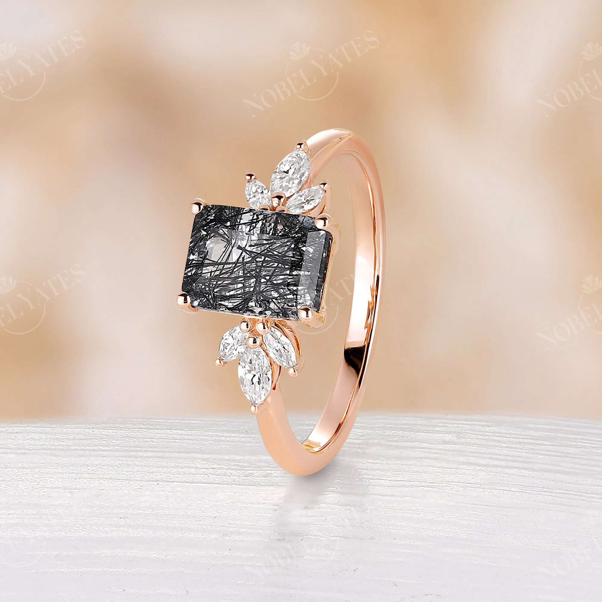 Emerald Cut Black Rutilated Quartz Cluster Engagement Ring Rose Gold