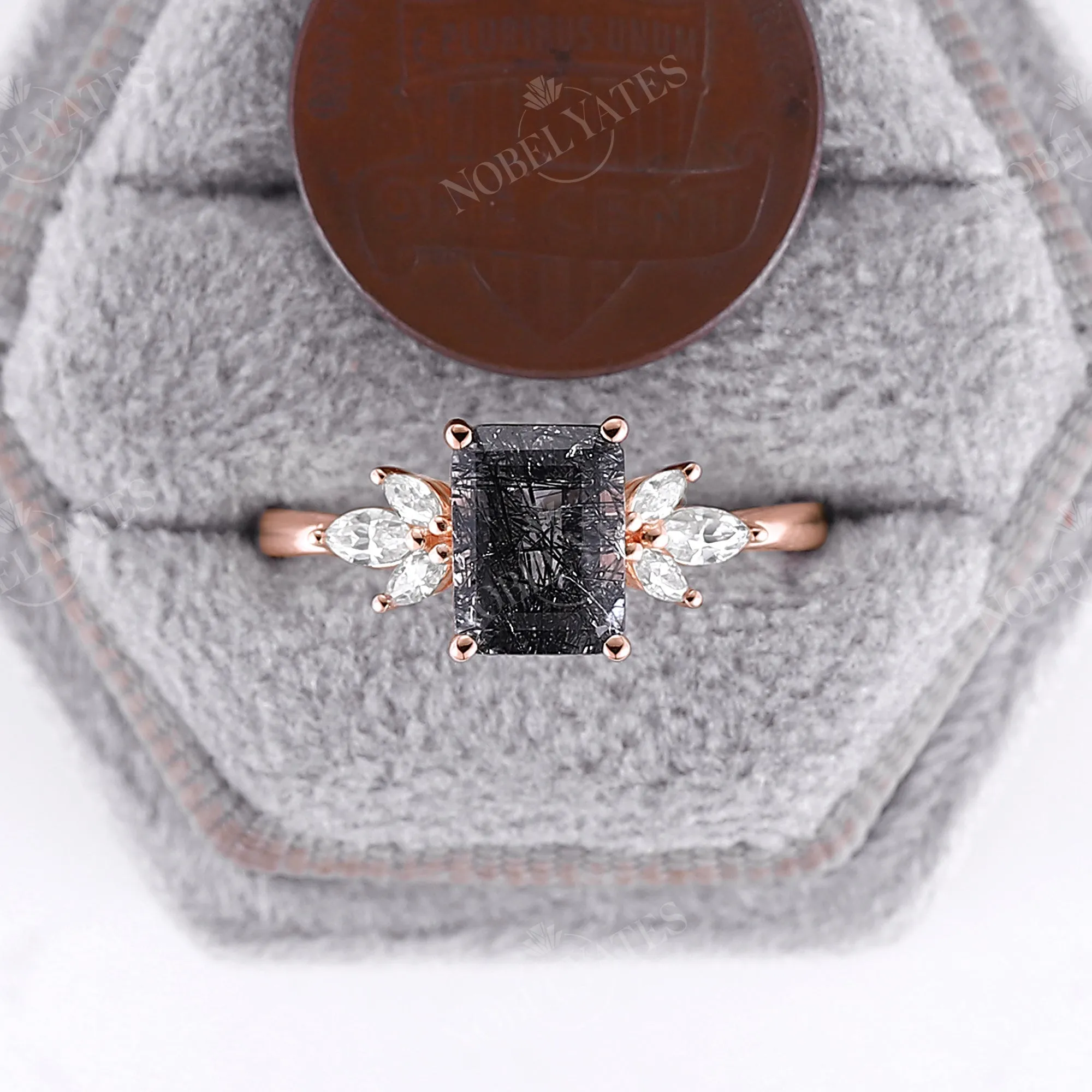 Emerald Cut Black Rutilated Quartz Cluster Engagement Ring Rose Gold