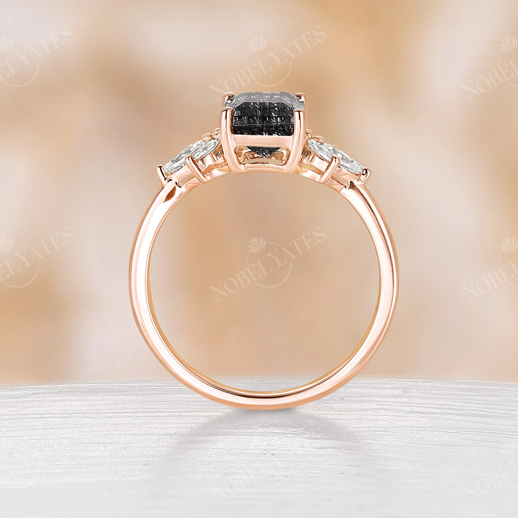 Emerald Cut Black Rutilated Quartz Cluster Engagement Ring Rose Gold