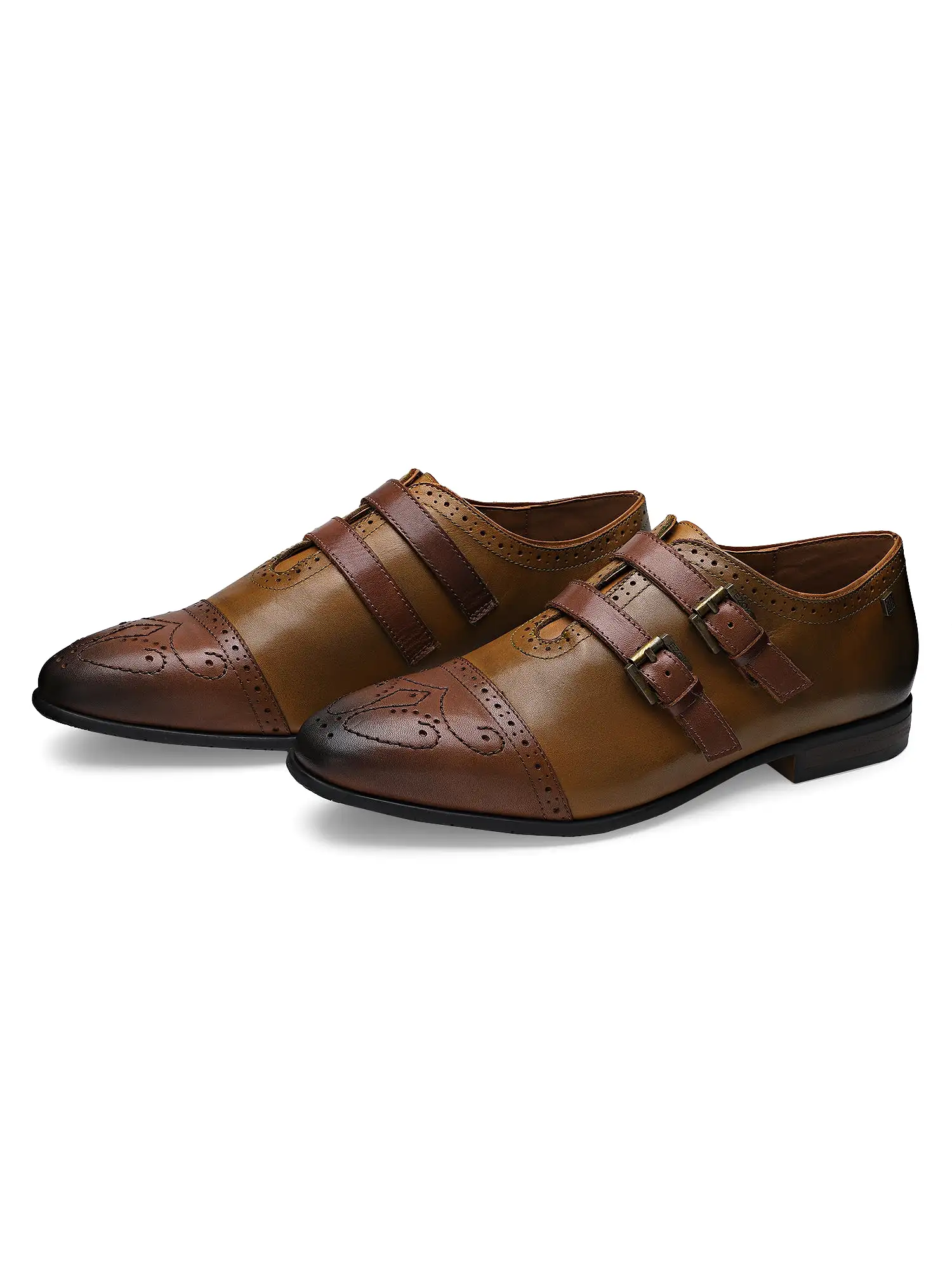 Ezok Men Tan Leather Monk Straps Shoes 2042