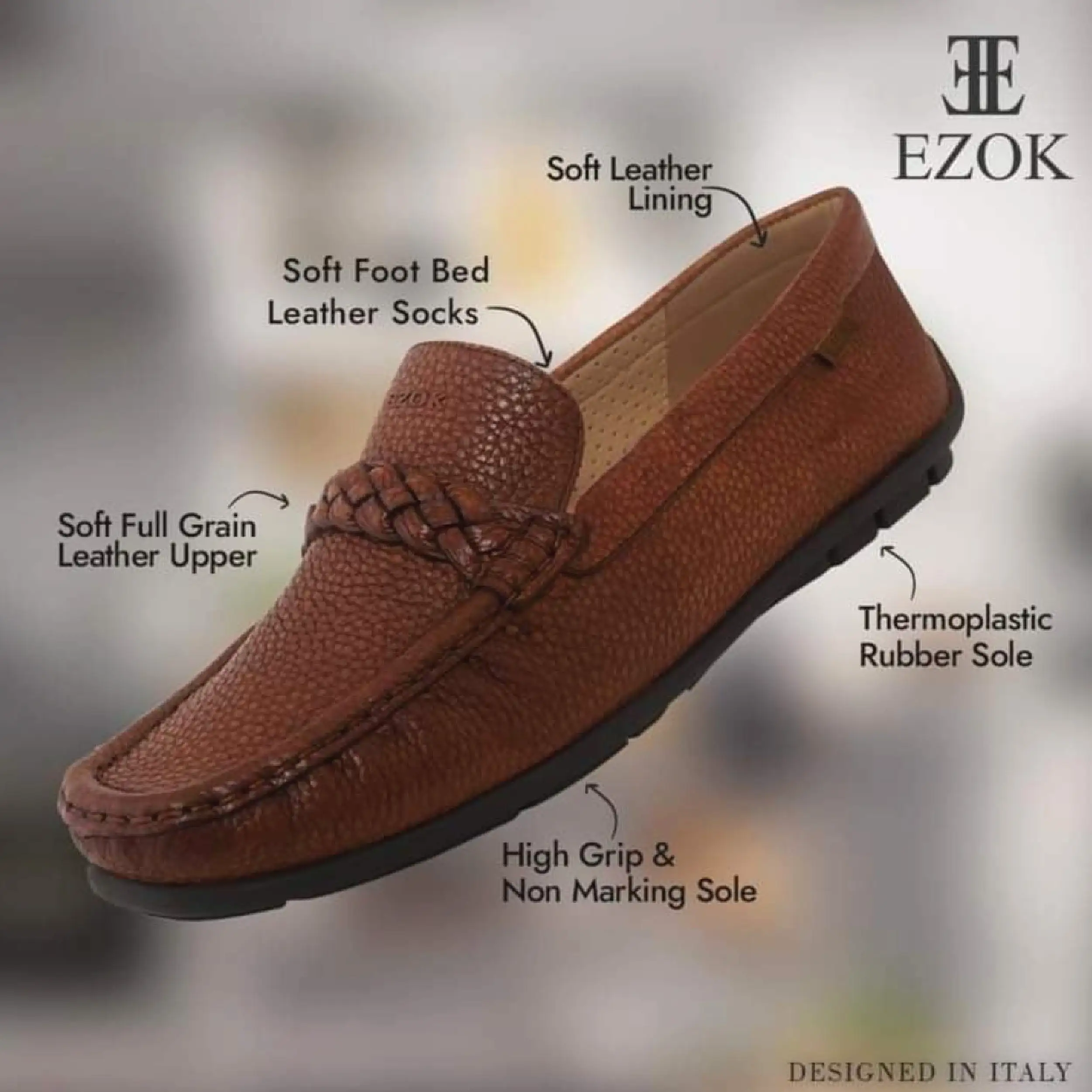 Ezok Mens Tan Moccasin Driving Leather Loafers