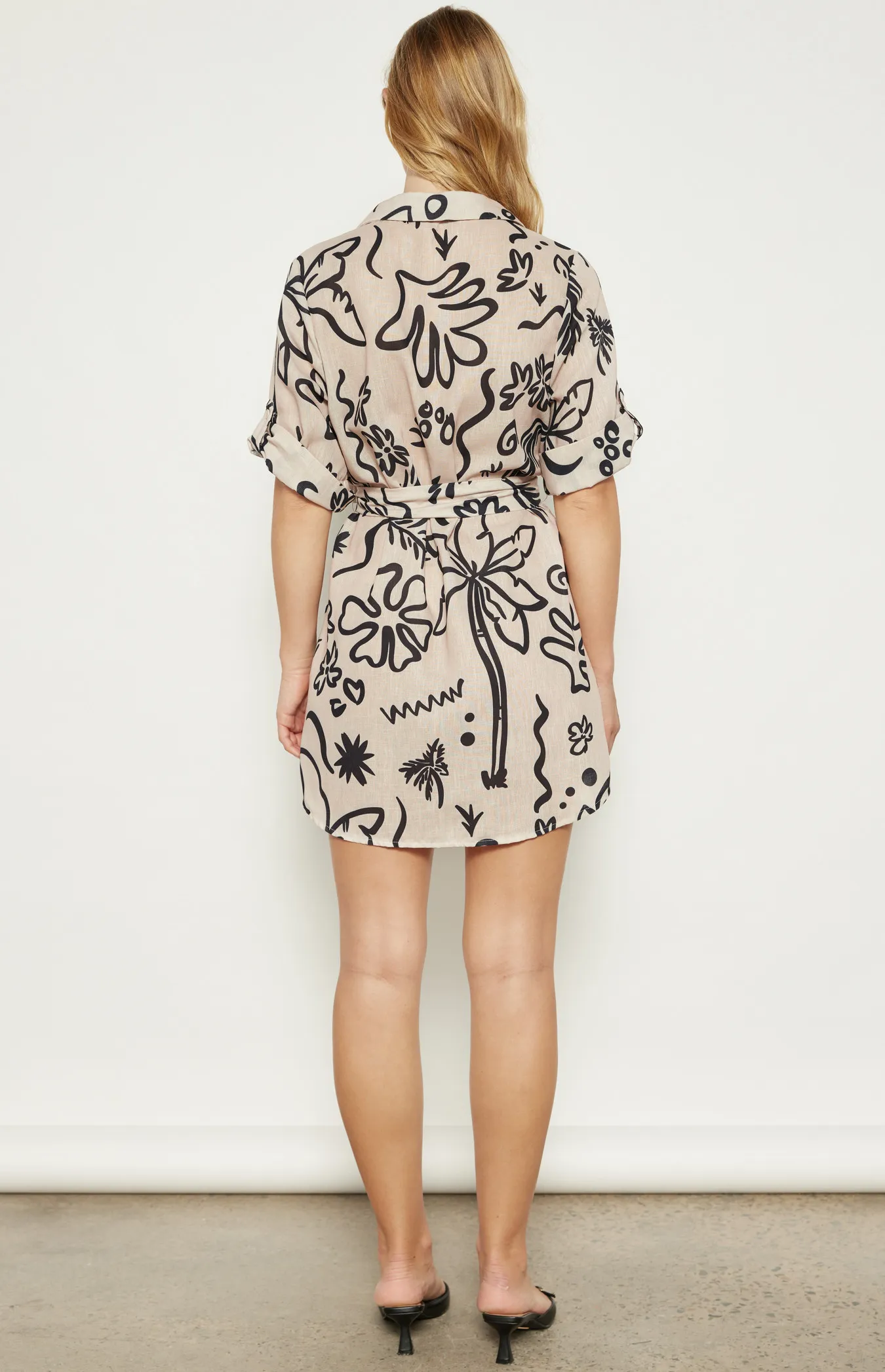 Faux Linen Abstract Print Shirt Dress with Belt (WDR677B)