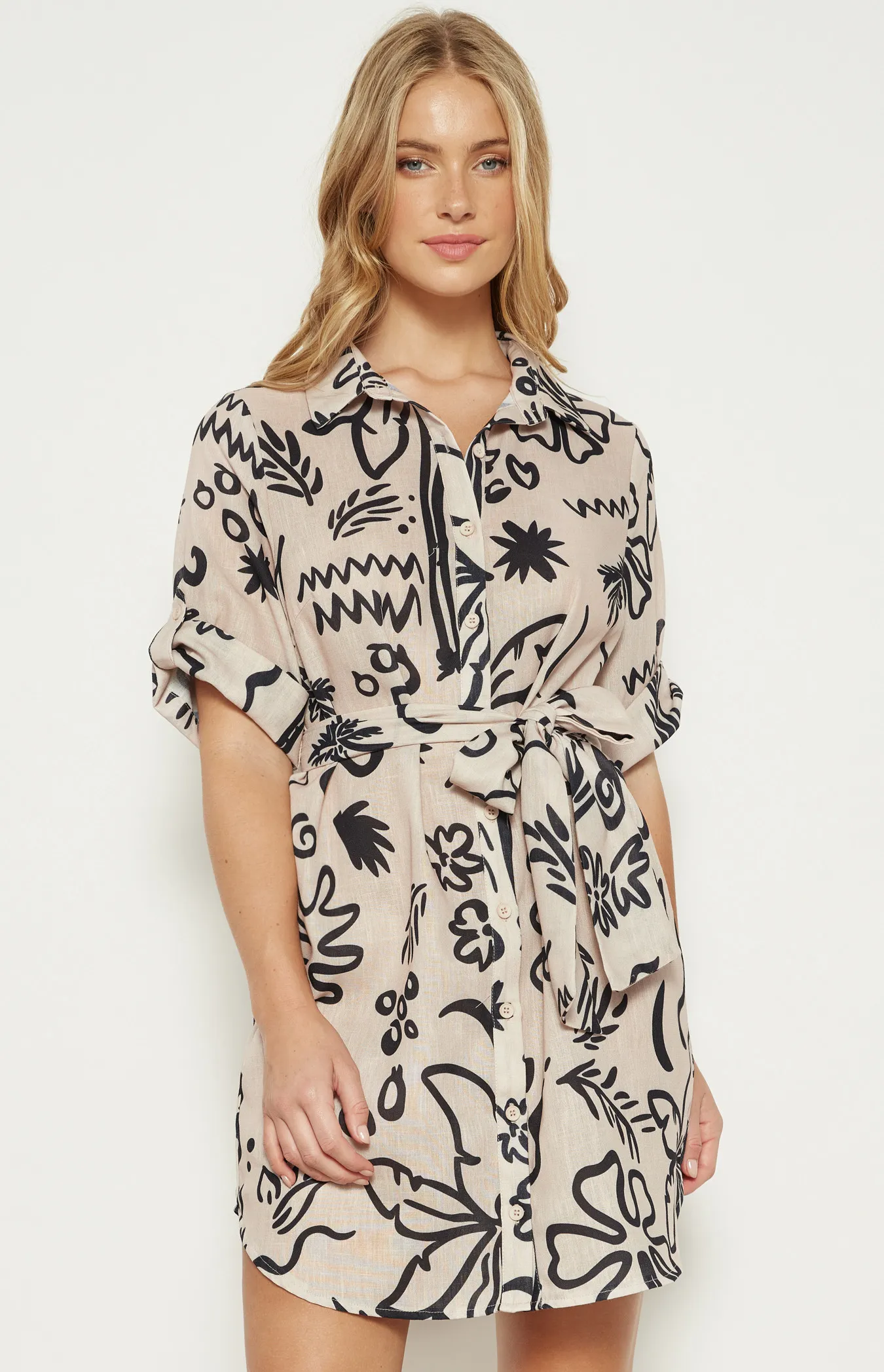 Faux Linen Abstract Print Shirt Dress with Belt (WDR677B)