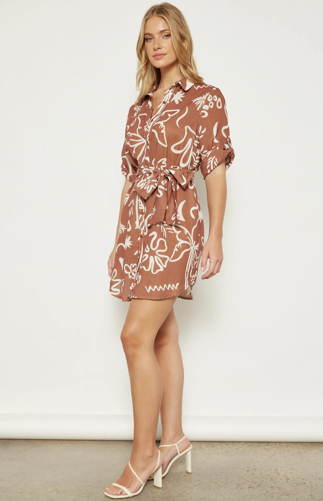 Faux Linen Abstract Print Shirt Dress with Belt (WDR677B)