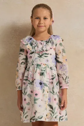 Girls Ivory Floral Print Long Sleeve Collared Dress