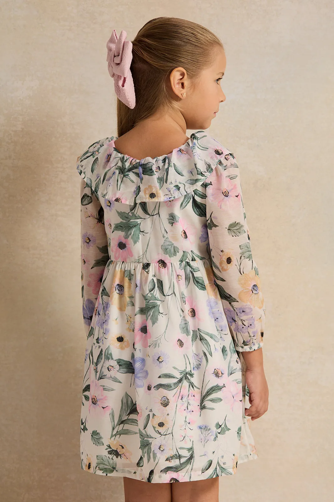 Girls Ivory Floral Print Long Sleeve Collared Dress