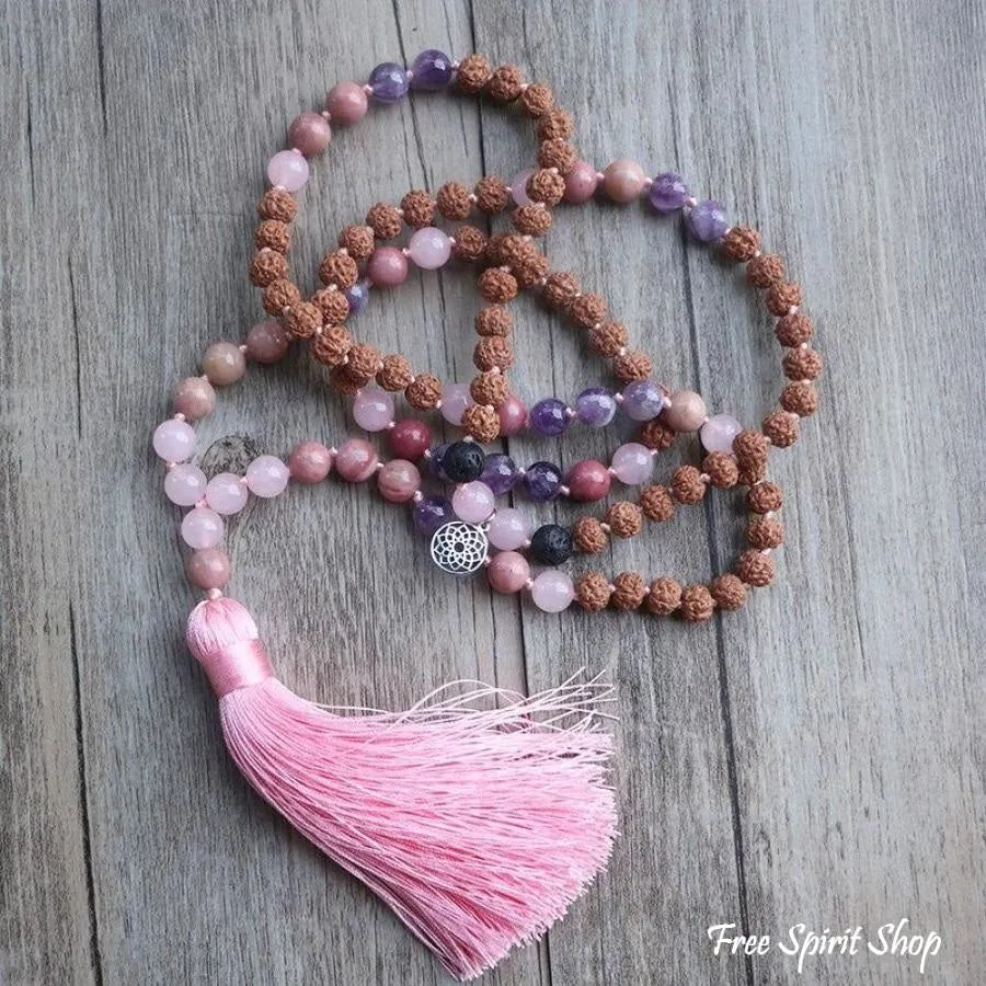 Handmade Rudraksha Rose & Purple Quartz Mala Bead Necklace