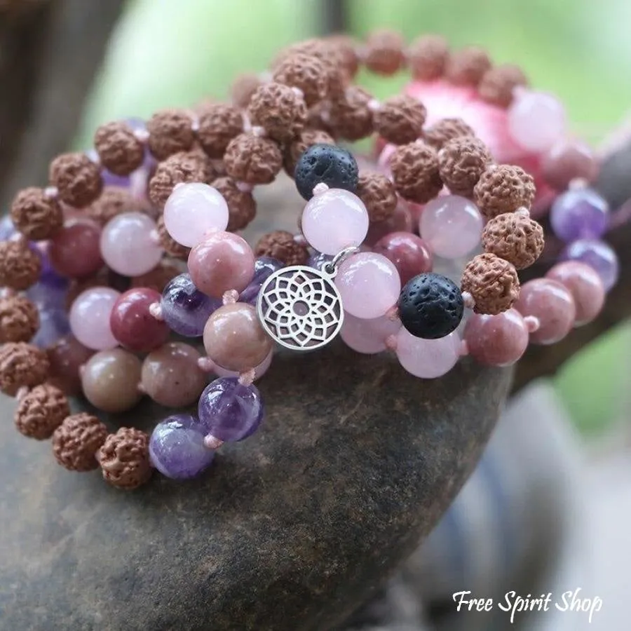 Handmade Rudraksha Rose & Purple Quartz Mala Bead Necklace