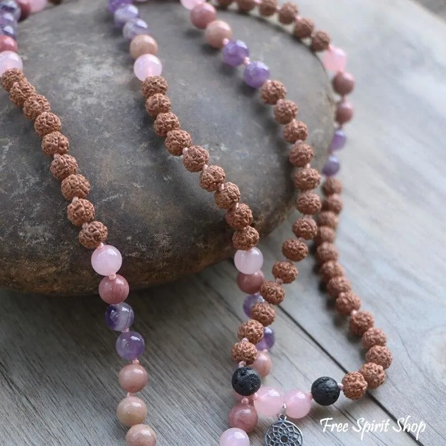 Handmade Rudraksha Rose & Purple Quartz Mala Bead Necklace