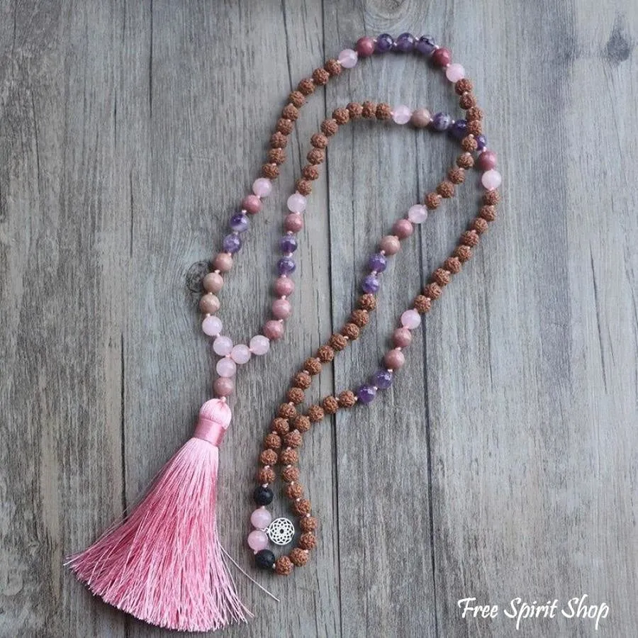 Handmade Rudraksha Rose & Purple Quartz Mala Bead Necklace