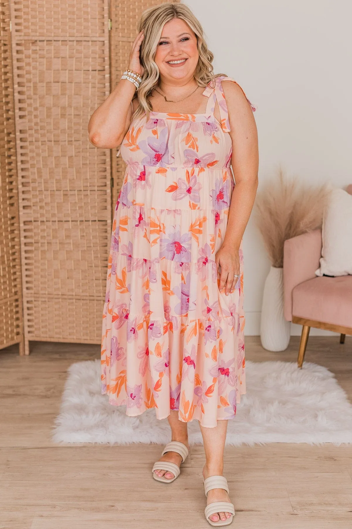 Joyous Occasion Tiered Floral Dress- Pale Orange & Lavender