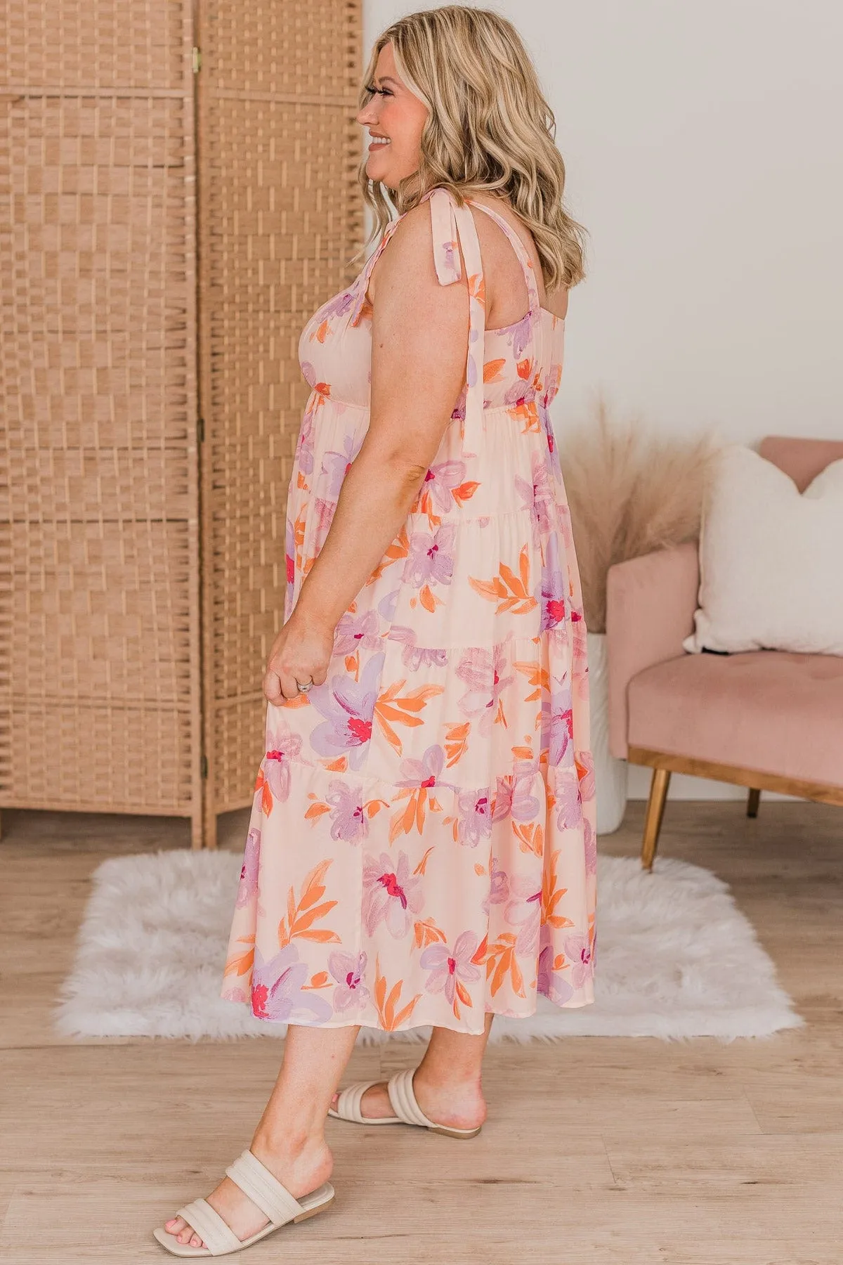 Joyous Occasion Tiered Floral Dress- Pale Orange & Lavender