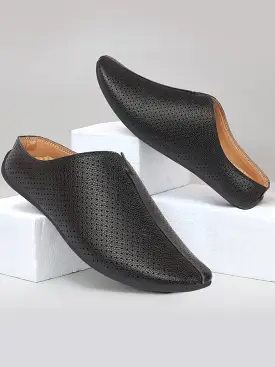 Men Black Back Open Perforated Design Ethnic Party Wedding Mules Slip On Shoes