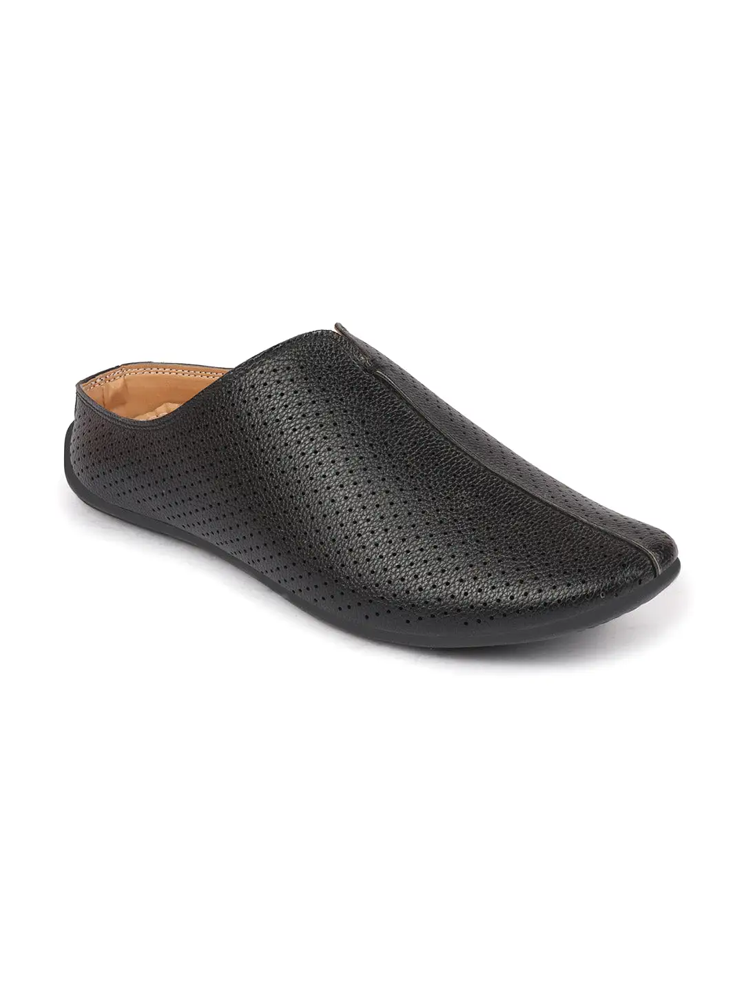 Men Black Back Open Perforated Design Ethnic Party Wedding Mules Slip On Shoes