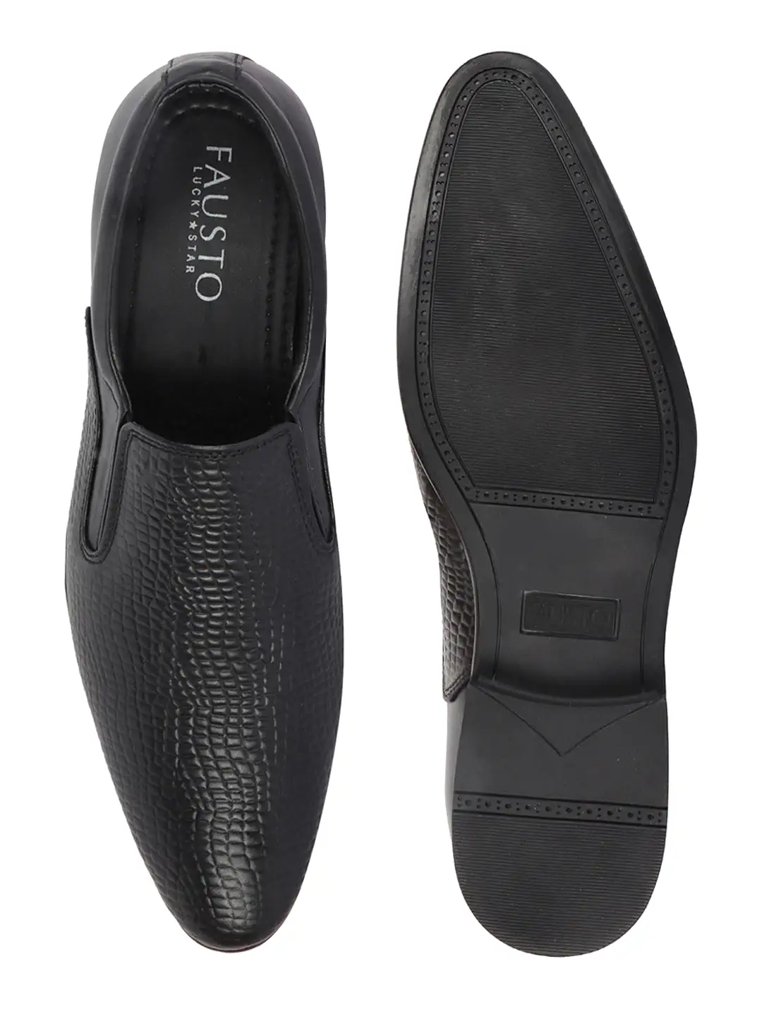 Men Black Embossed Design Formal Leather Slip On Shoes