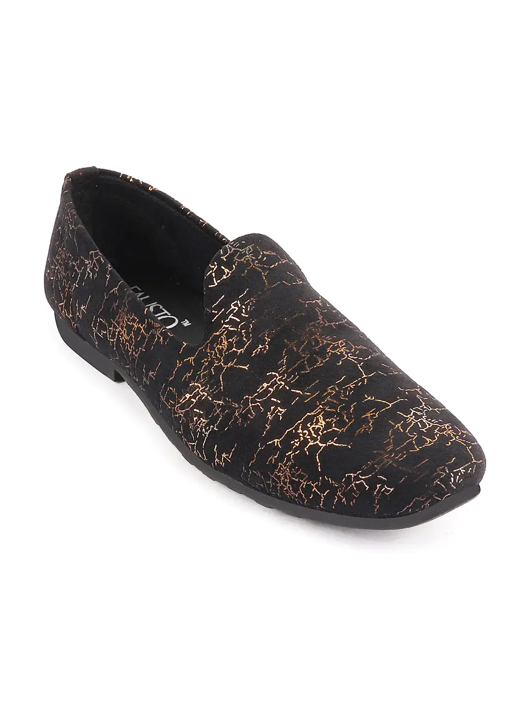 Men Black Velvet Printed Design Ethnic Wedding Party Prom Slip On Loafer Shoes