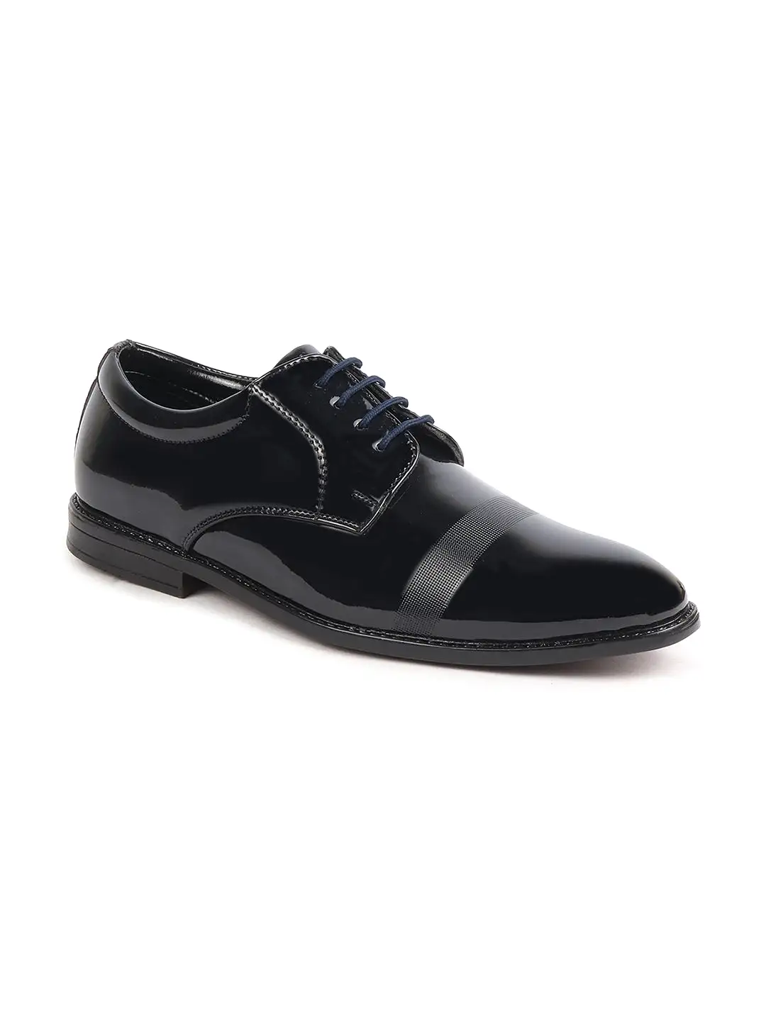 Men Blue Patent Leather Party Formal Textured Strip Lace Up Shoes