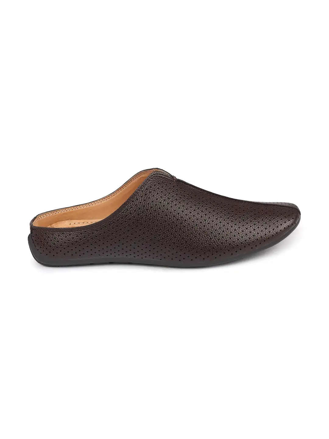 Men Brown Back Open Perforated Design Ethnic Party Wedding Mules Slip On Shoes