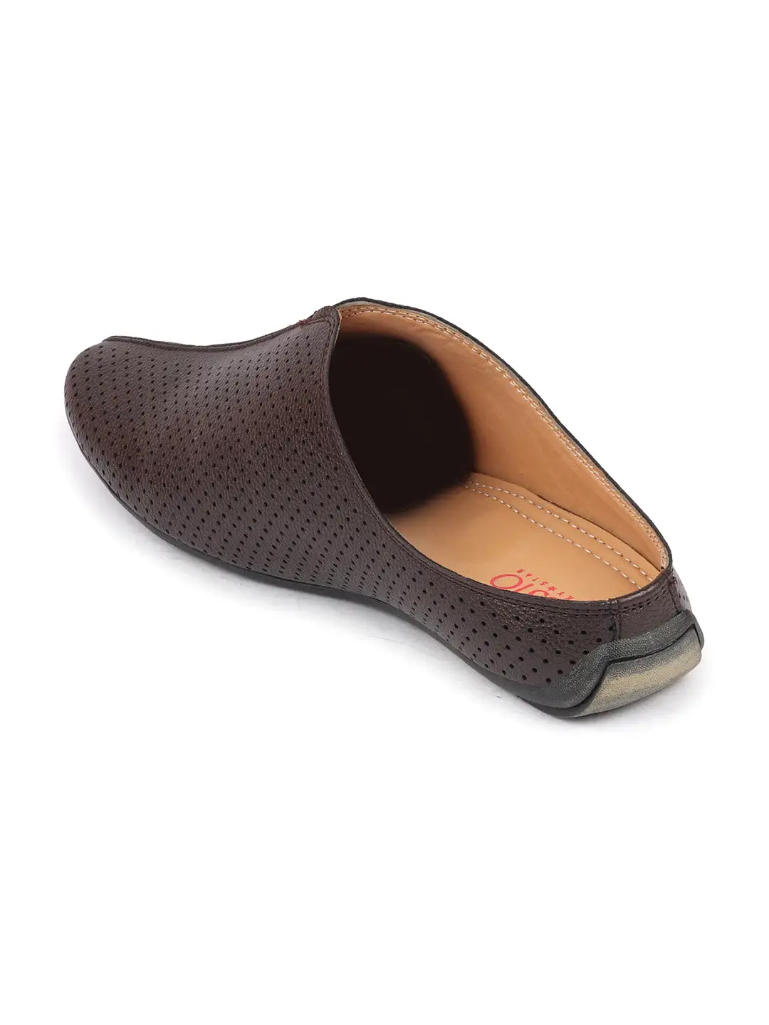 Men Brown Back Open Perforated Design Ethnic Party Wedding Mules Slip On Shoes