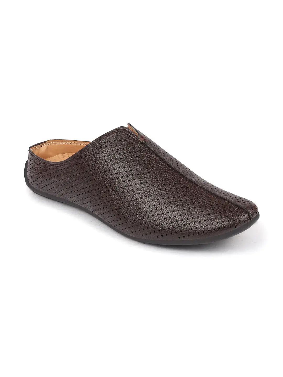 Men Brown Back Open Perforated Design Ethnic Party Wedding Mules Slip On Shoes