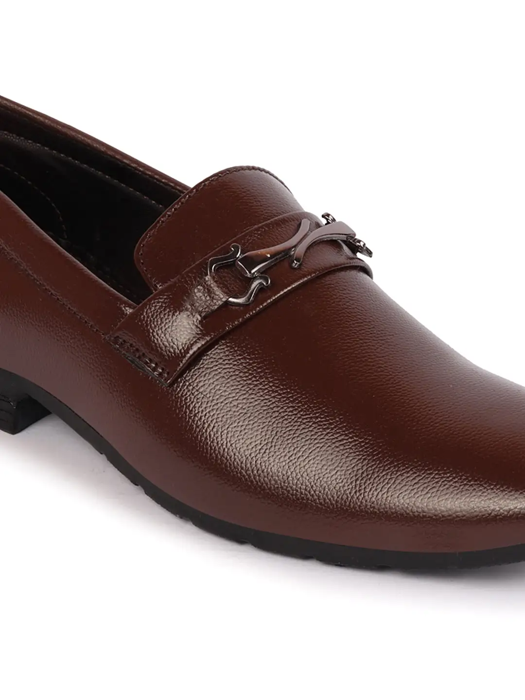 Men Brown Horsebit Buckle Formal Slip On Shoes