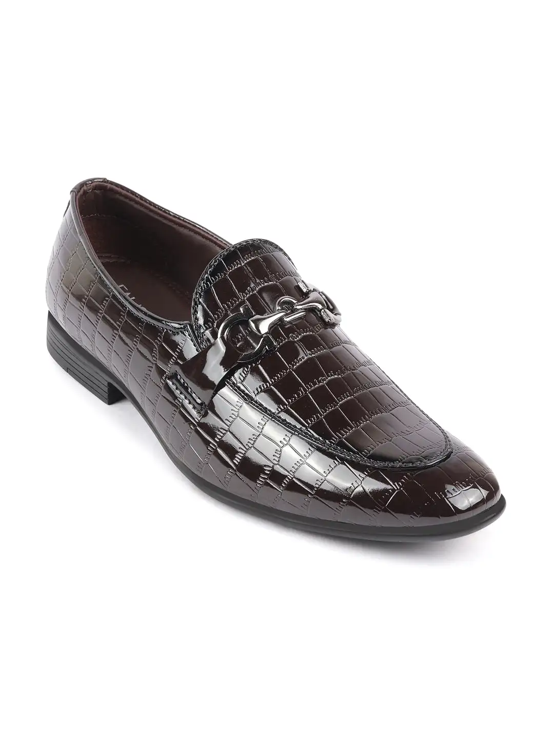 Men Brown Party Formal Patent Leather Embossed Design Buckle Slip On Loafer Shoes