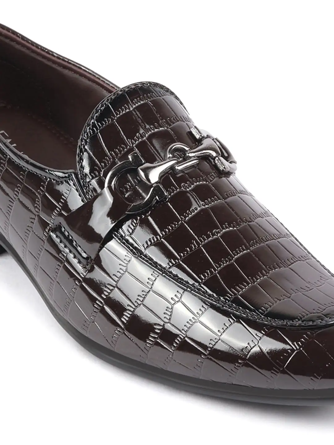 Men Brown Party Formal Patent Leather Embossed Design Buckle Slip On Loafer Shoes