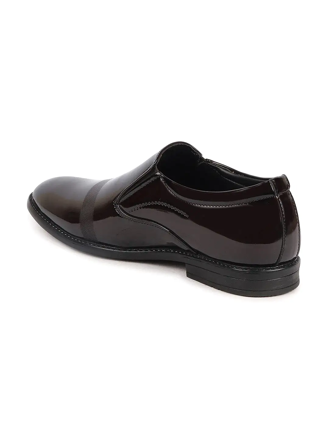 Men Brown Patent Leather Party Formal Textured Strip Slip On Shoes