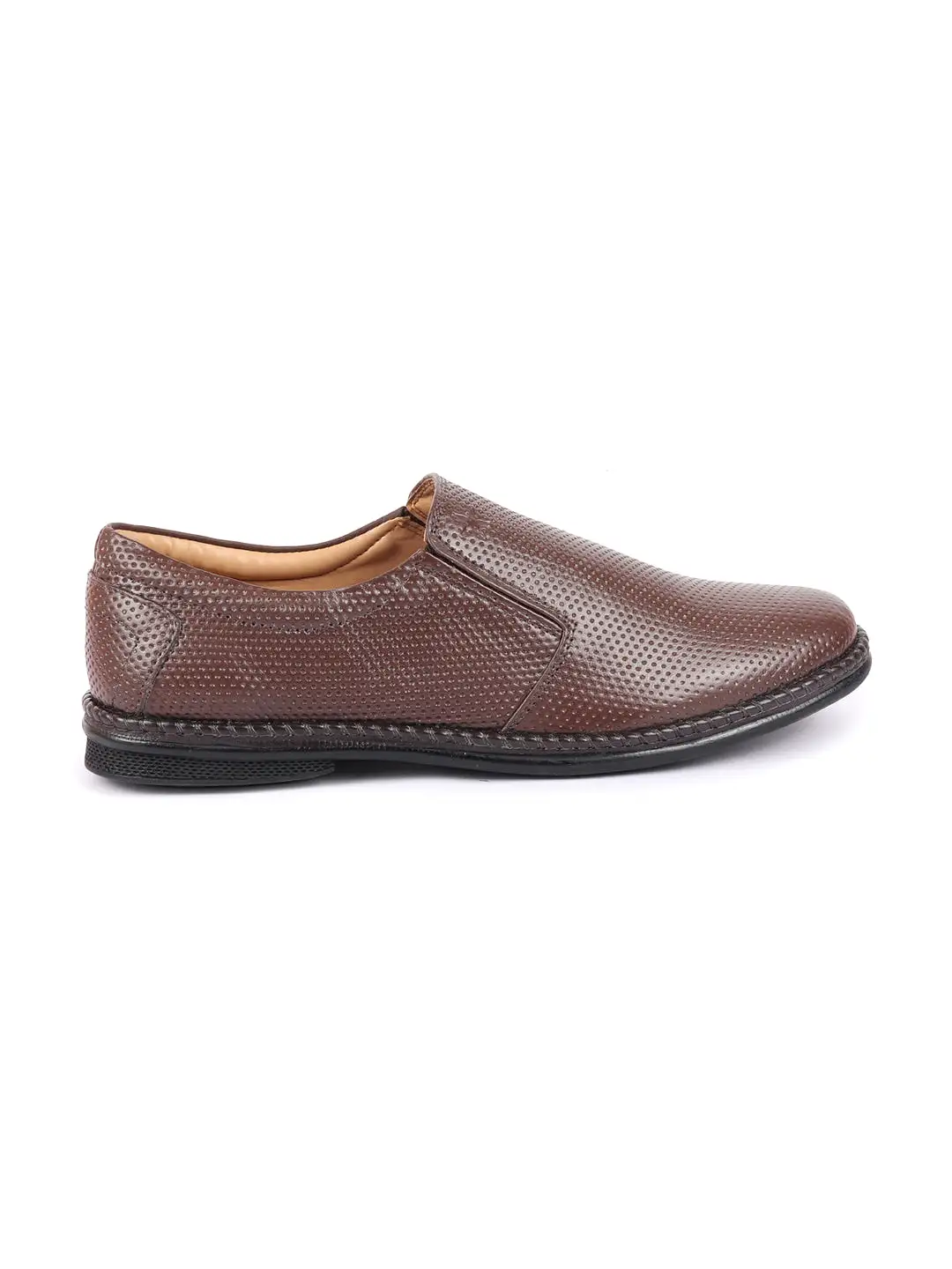 Men Brown Textured Formal/Office Broad Toe Leather Slip On Shoes