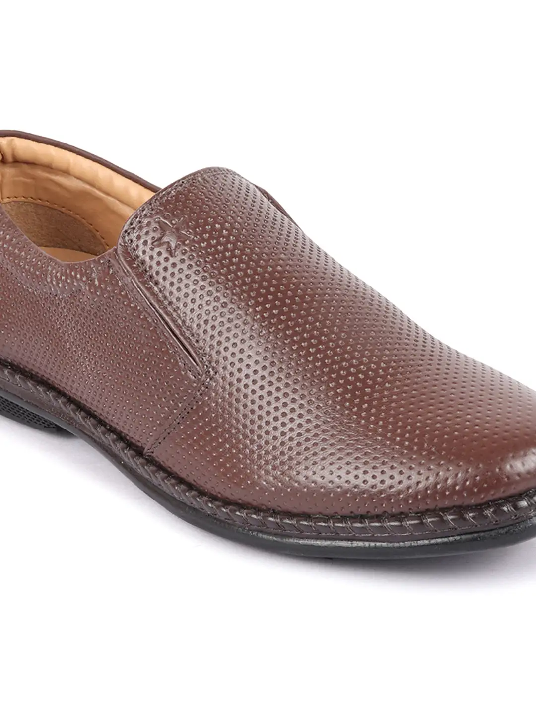 Men Brown Textured Formal/Office Broad Toe Leather Slip On Shoes