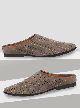 Men Grey Back Open Hand Knitted Ethnic Mules Wedding Shoes