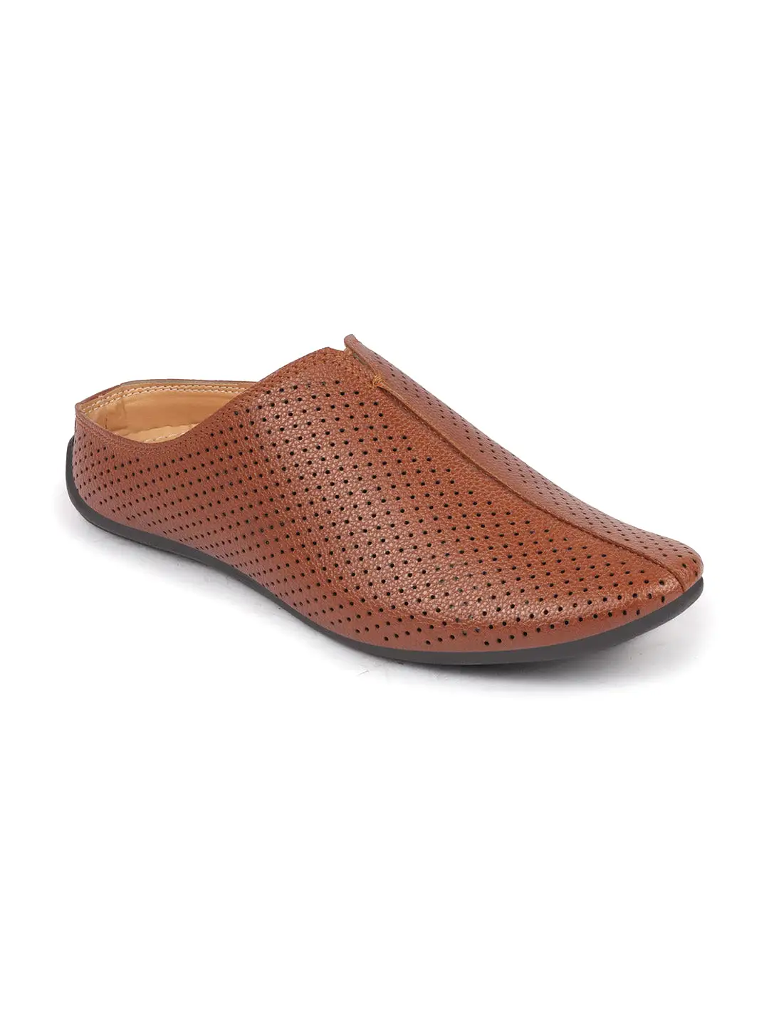 Men Tan Back Open Perforated Design Ethnic Party Wedding Mules Slip On Shoes