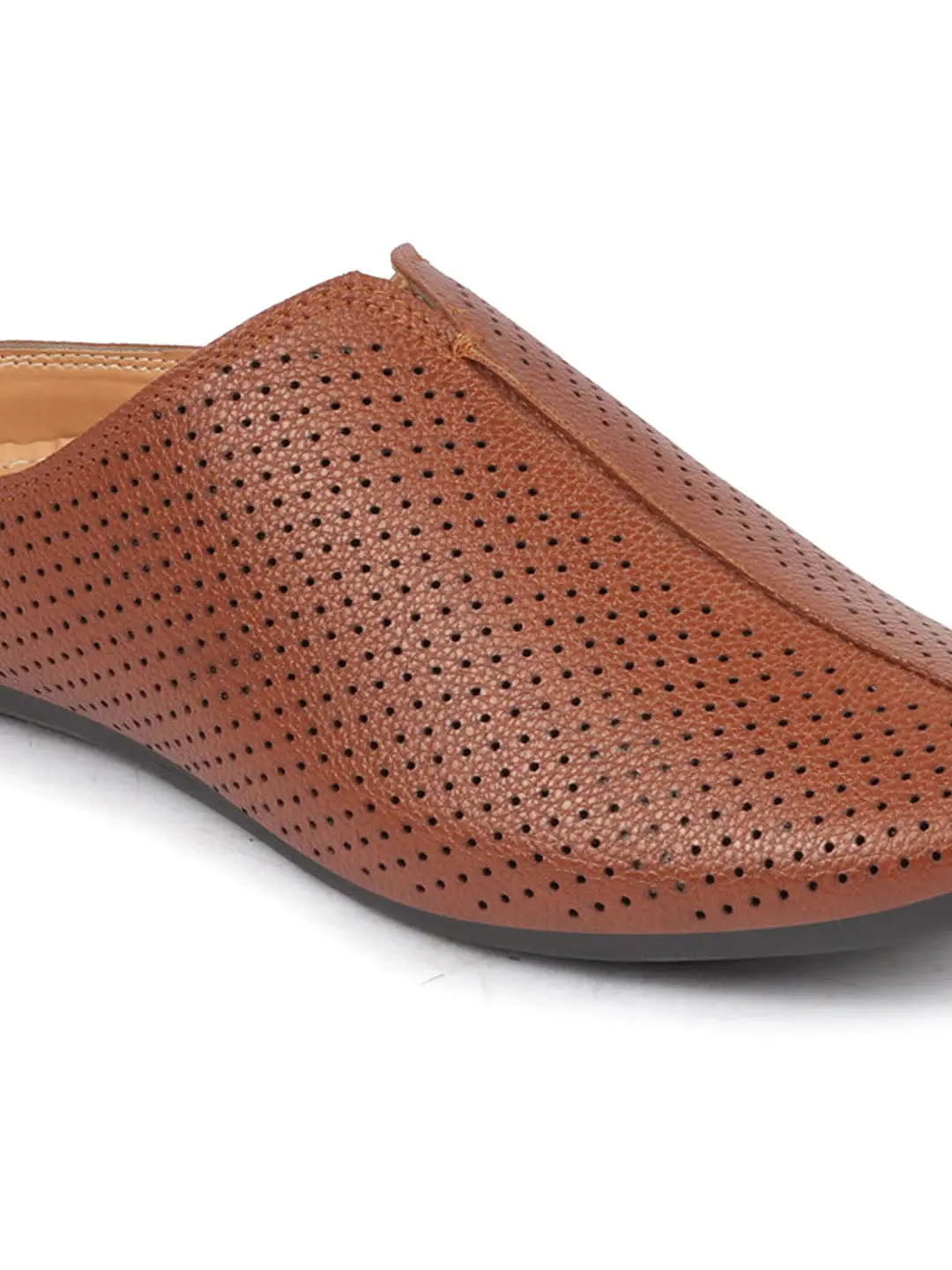 Men Tan Back Open Perforated Design Ethnic Party Wedding Mules Slip On Shoes