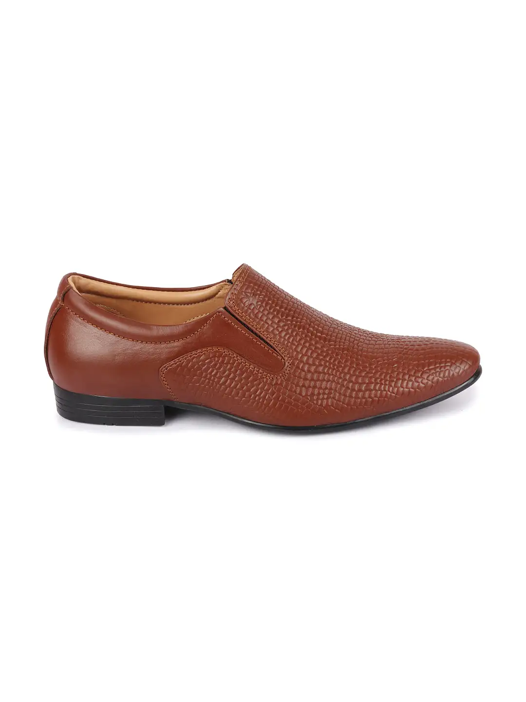 Men Tan Embossed Design Formal Leather Slip On Shoes