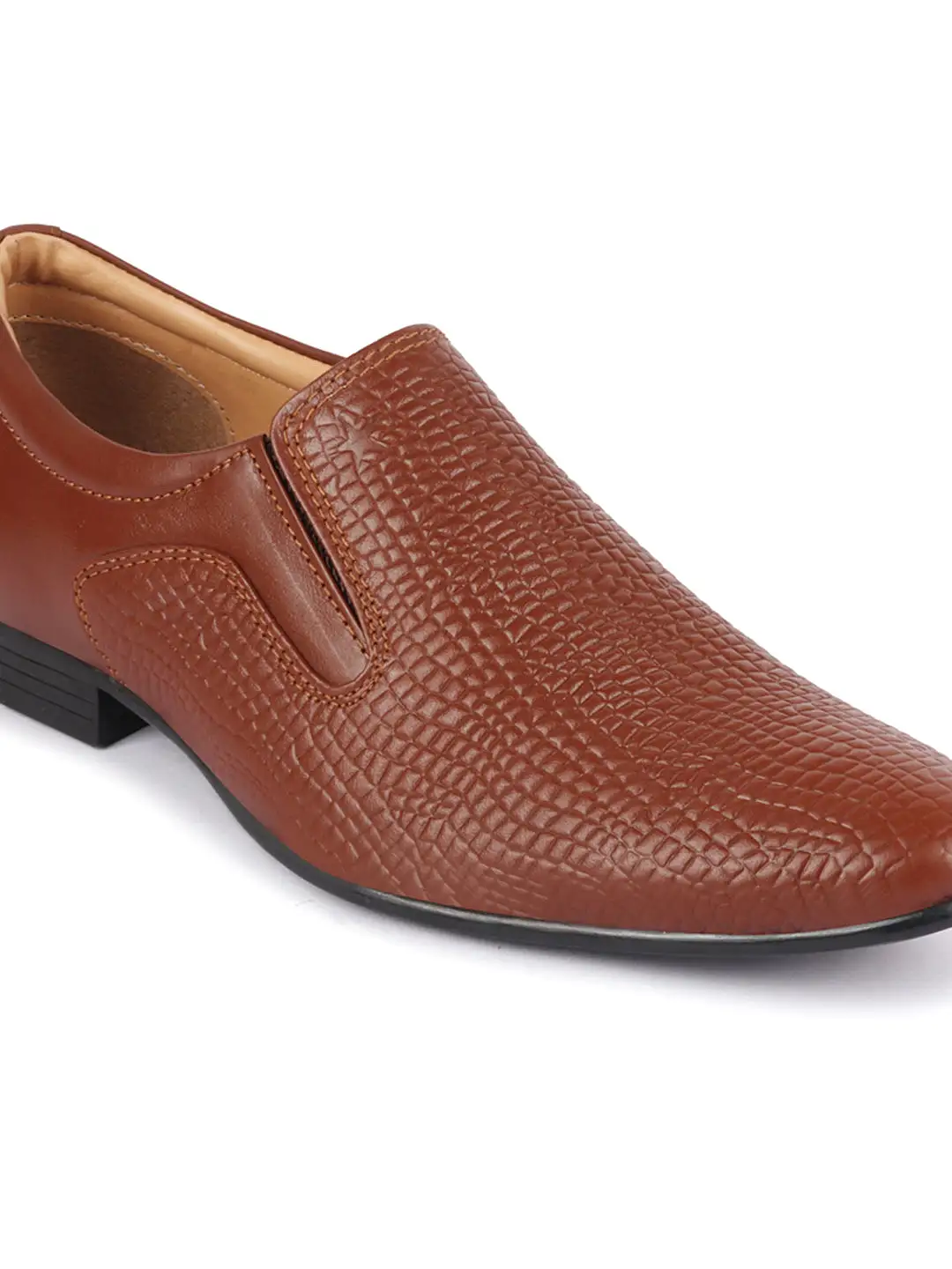 Men Tan Embossed Design Formal Leather Slip On Shoes