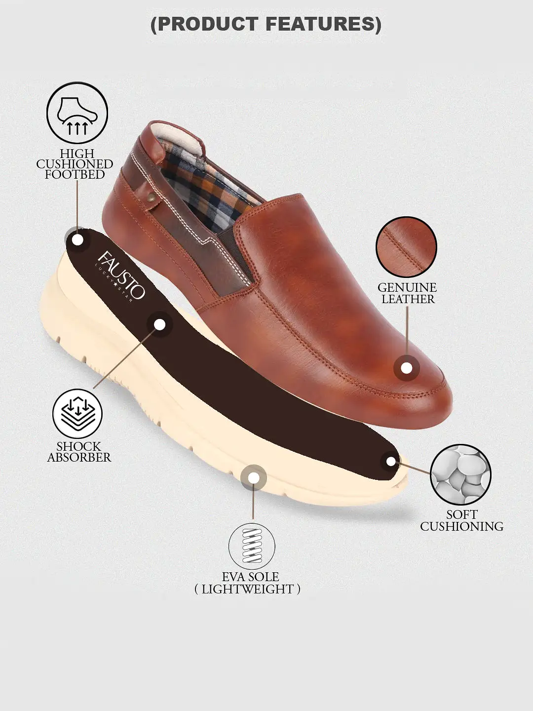 Men Tan Genuine Leather Feather Lightweight EVA Sole Formal Office Comfort Broad Feet Slip On Shoes