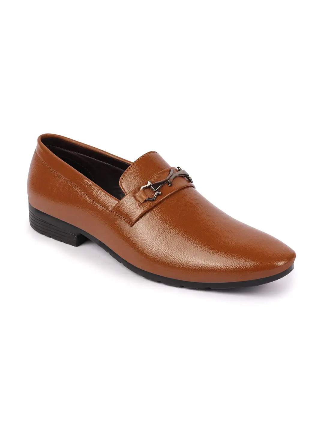 Men Tan Horsebit Buckle Formal Slip On Shoes