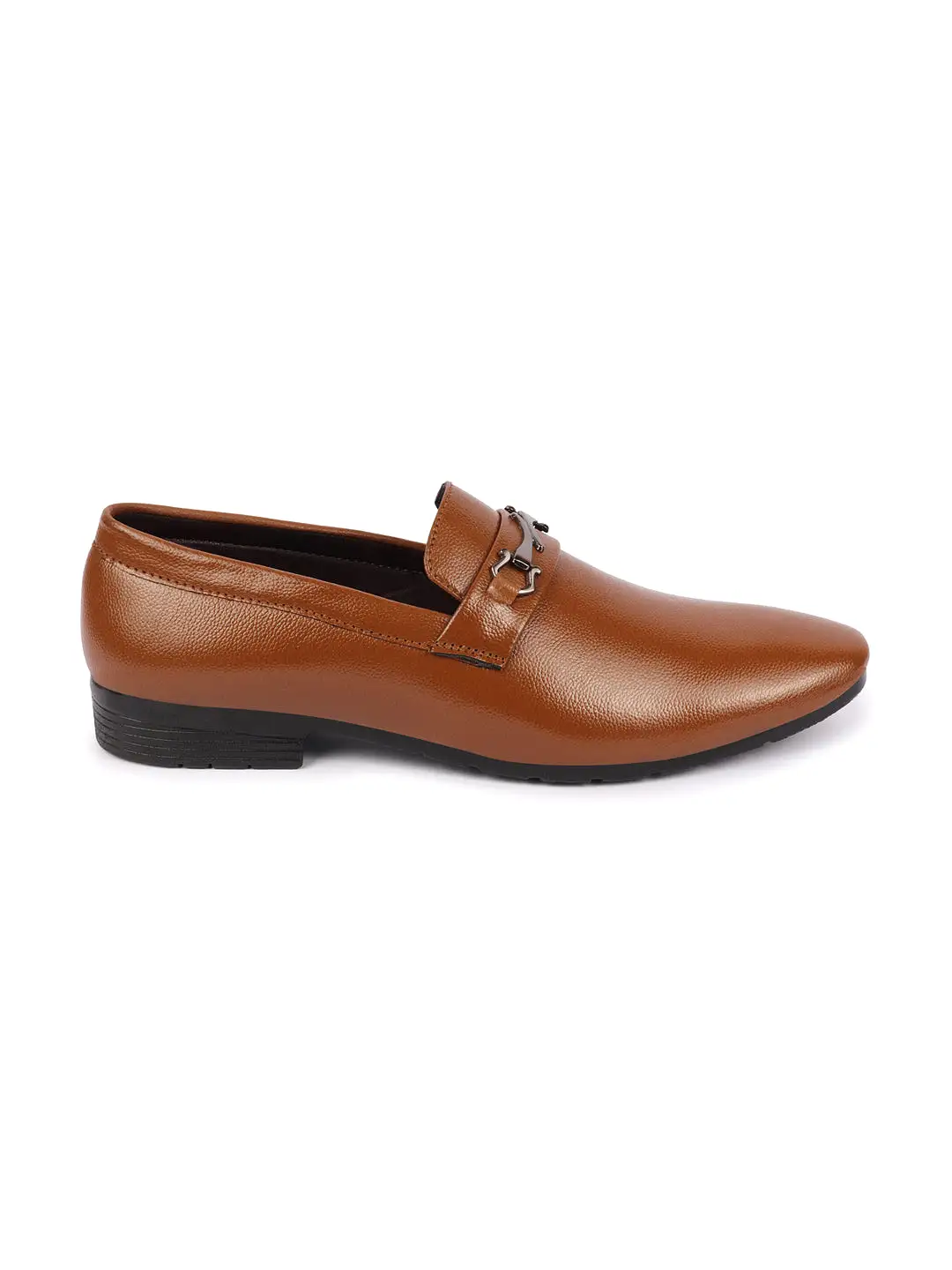 Men Tan Horsebit Buckle Formal Slip On Shoes