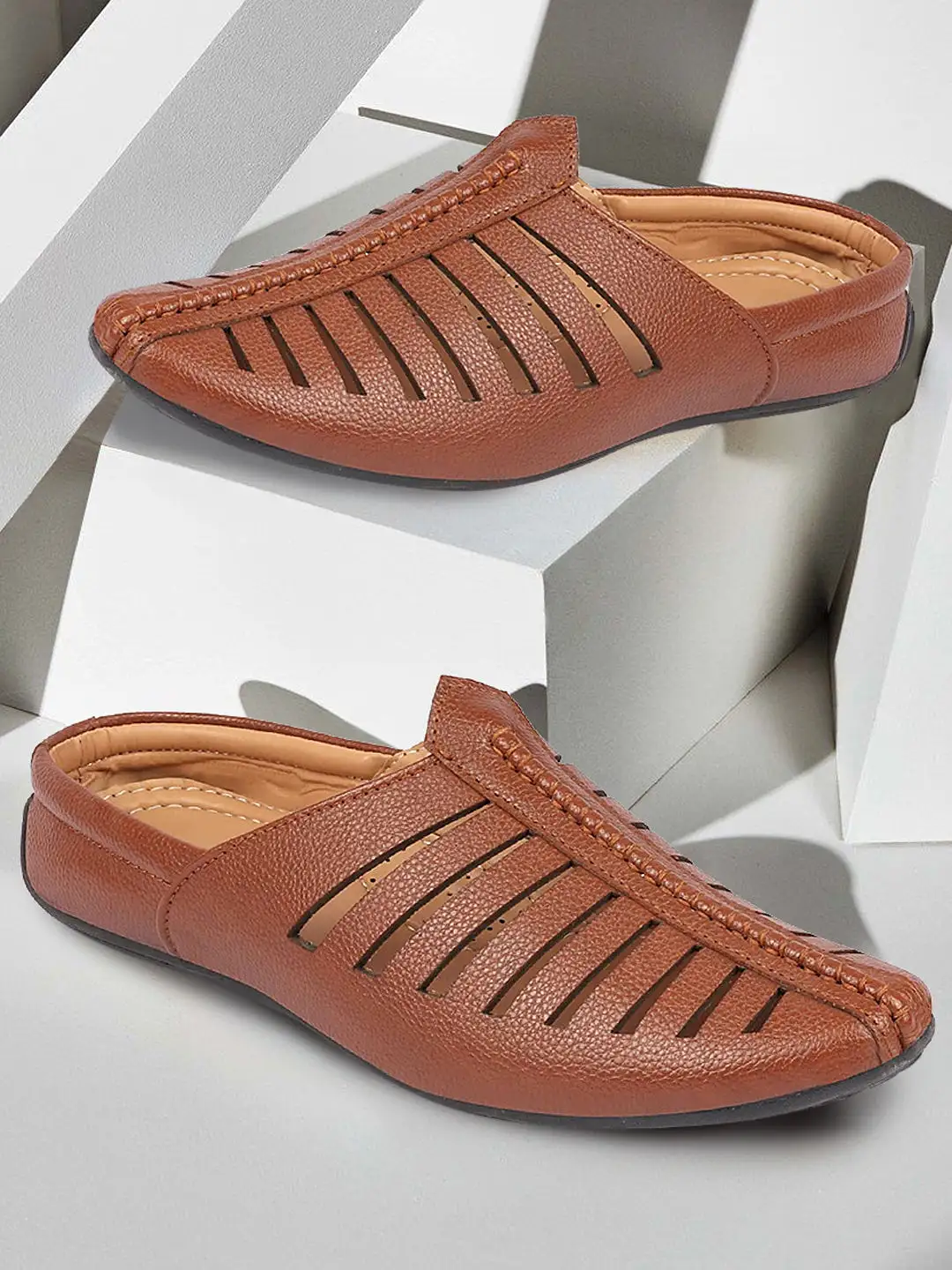 Men Tan Laser Cut Design Back Open Evening Party Ethnic Mules Slip On Shoes