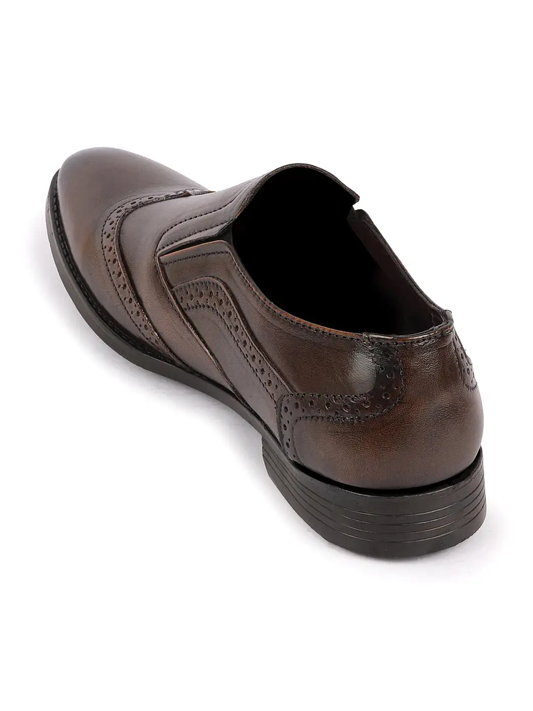 Men Tan Party Formal Office Genuine Leather Brogue Slip On Shoes